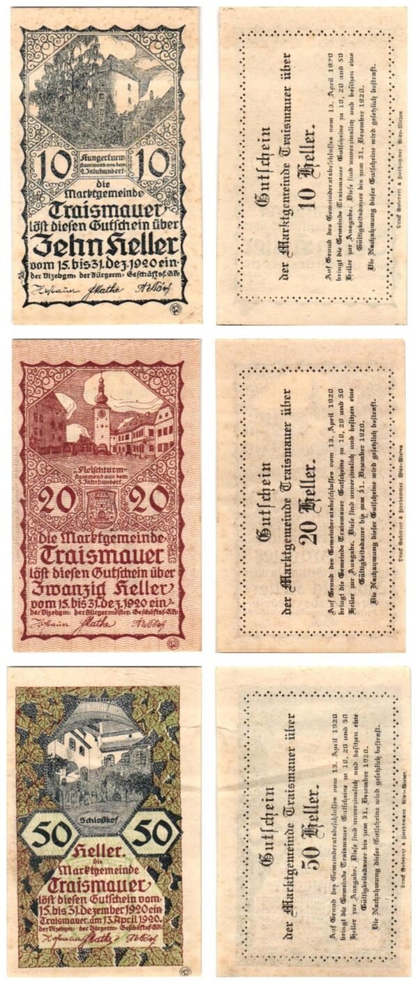 AUSTRIA Traismauer 1920 local banknotes lot / Notgeld / 3 pcs. UNC