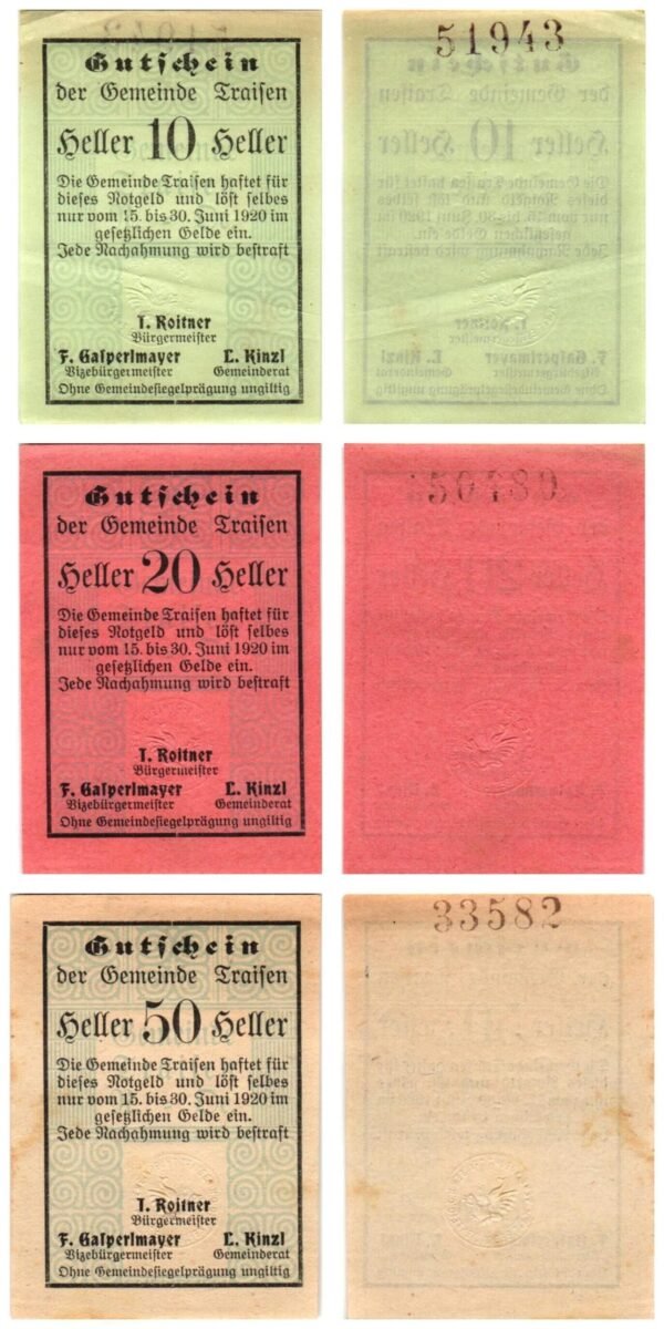 AUSTRIA Traisen 1920 local banknotes lot / Notgeld / 3 pcs. UNC