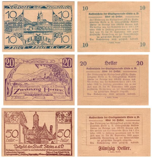 AUSTRIA Stein a. d. D. 1920 local banknotes lot / Notgeld / 3 pcs. UNC
