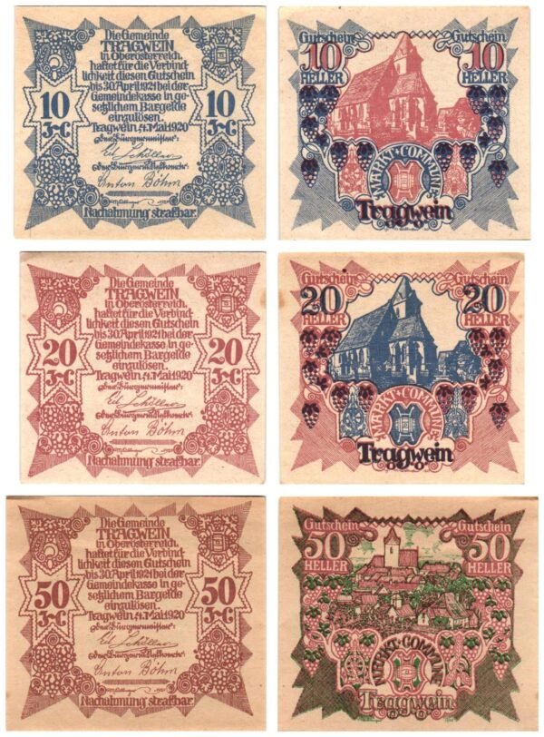 AUSTRIA Tragwein 1920 local banknotes lot / Notgeld / 3 pcs. UNC