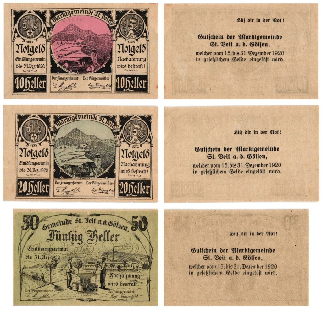 AUSTRIA St. Veit a. d. Gölsen 1920 local banknotes lot / Notgeld / 3 pcs. UNC