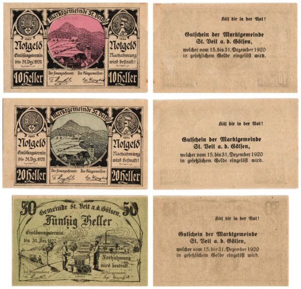AUSTRIA St. Veit a. d. Gölsen 1920 local banknotes lot / Notgeld / 3 pcs. UNC