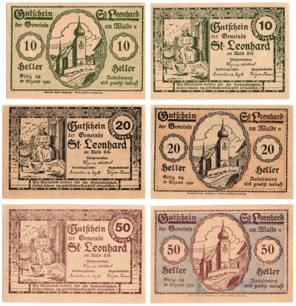 AUSTRIA St. Leonhard am Walde 1920 local banknotes lot / Notgeld / 3 pcs. UNC