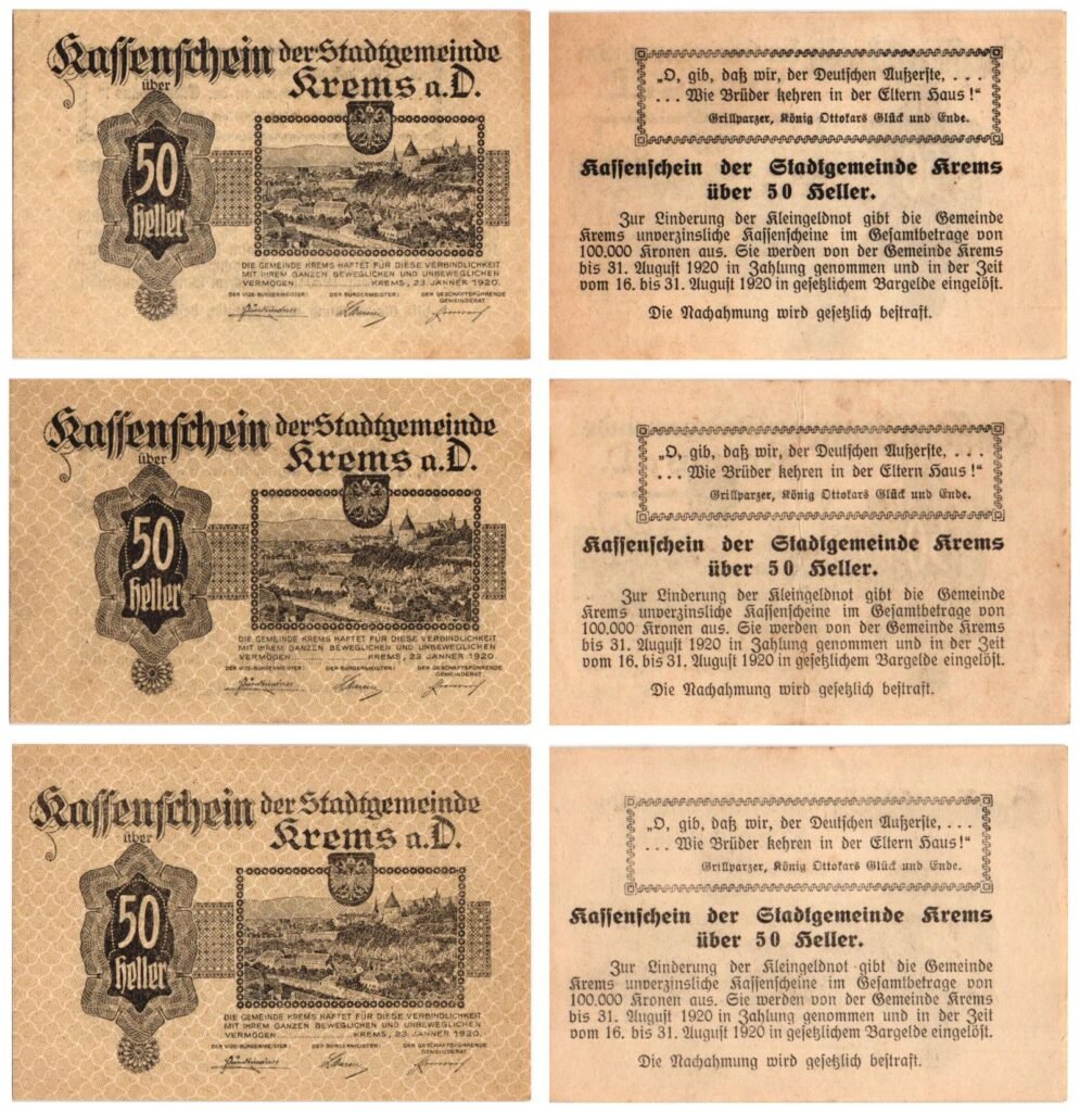 AUSTRIA Krems a. D. 1920 local banknotes lot / Notgeld / 3 pcs. UNC