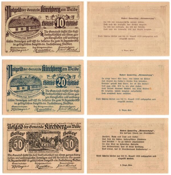 AUSTRIA Kirchberg am Walde 1920 local banknotes lot / Notgeld / 3 pcs. UNC