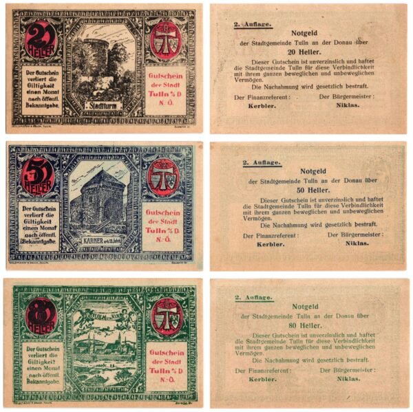 AUSTRIA Tulln an der Donau 1920 local banknotes lot / Notgeld / 3 pcs. UNC
