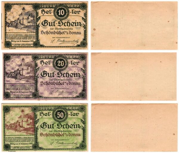 AUSTRIA Schönbühel an der Donau 1920 local banknotes lot / Notgeld / 3 pcs. UNC-