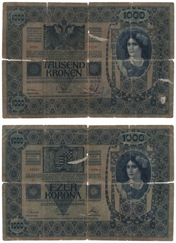 AUSTRIA 1000 kronen 1902 / With unreadable seal / large tears / VG
