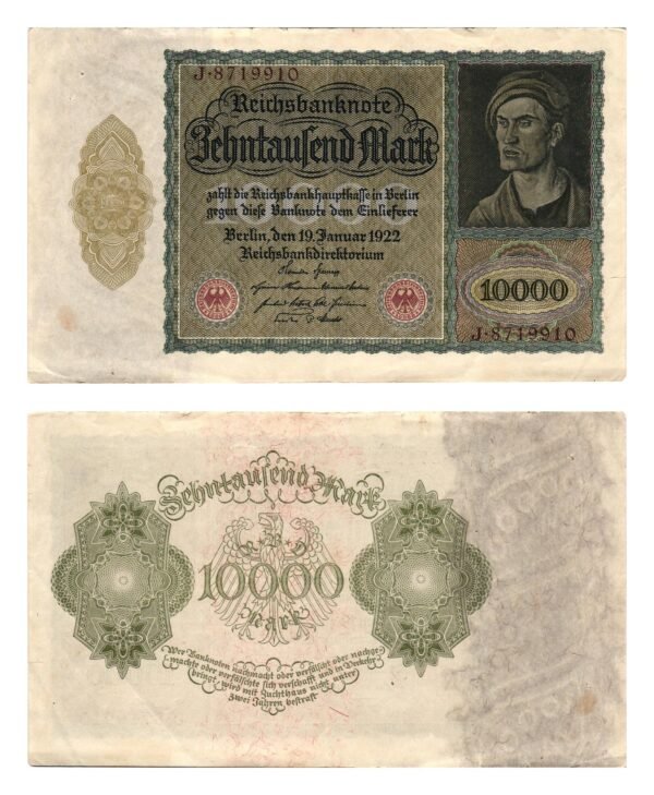 GERMANY 10000 mark 1922 / large size / minor tears / VF-