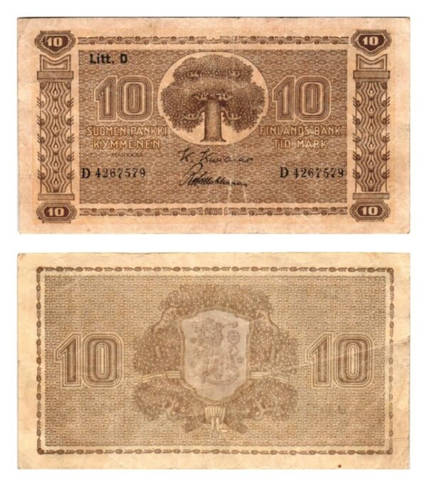 FINLAND 10 markkaa 1939 / Litt. D / VF