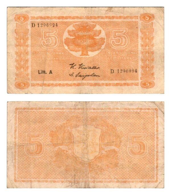 FINLAND 5 markkaa 1945 / Litt. A / VF