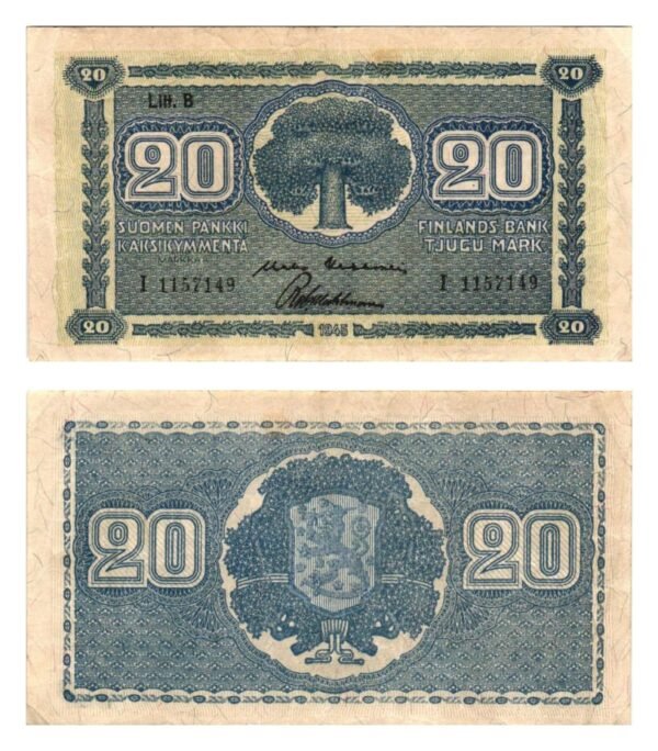 FINLAND 20 markkaa 1945 / Litt. B / VF