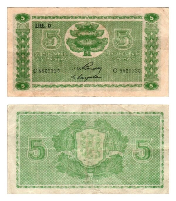 FINLAND 5 markkaa 1939 / Litt. D / VF