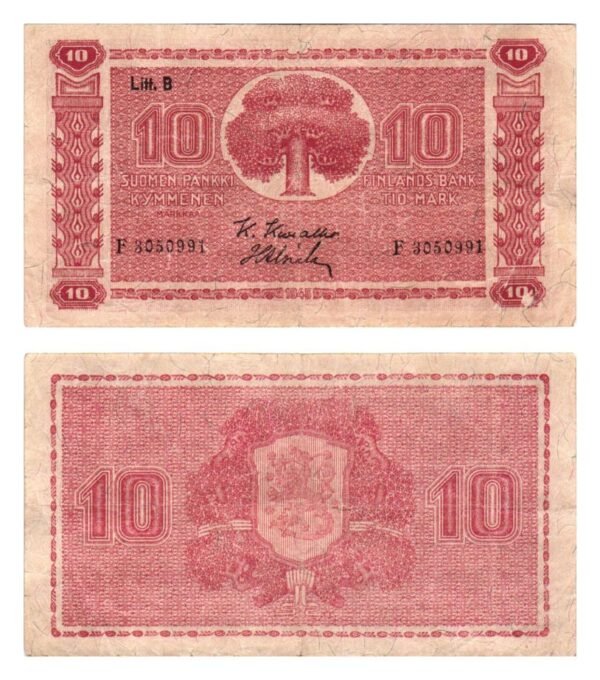 FINLAND 10 markkaa 1945 / Litt. B / VF-