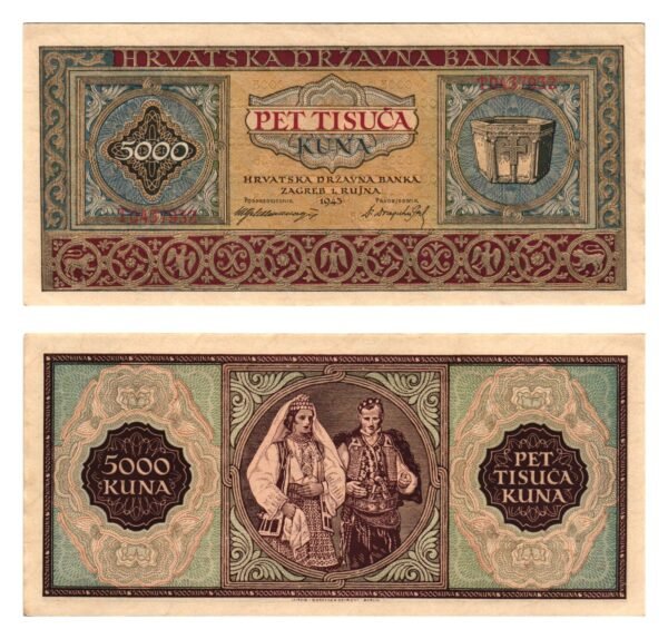 CROATIA 5000 kuna 1943 / WWII Ustasa Germany Italy ally / Series T / XF+