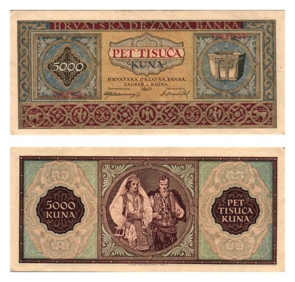 CROATIA 5000 kuna 1943 / WWII Ustasa Germany Italy ally / Series T / XF+