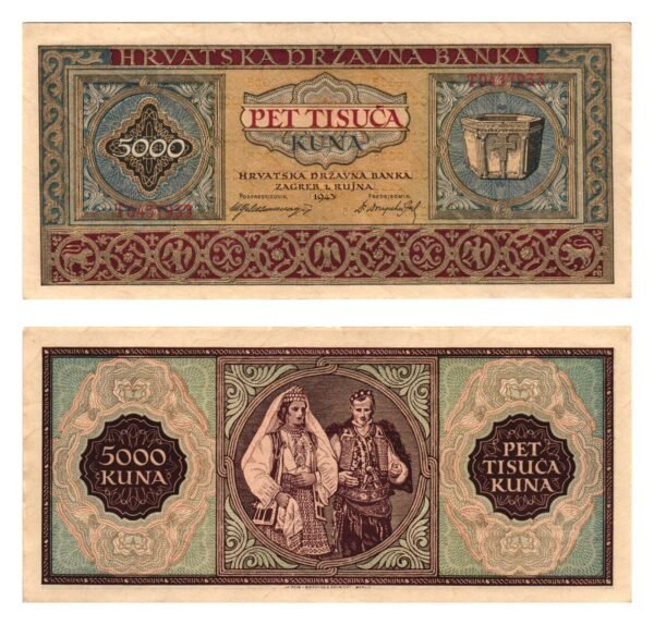 CROATIA 5000 kuna 1943 / WWII Ustasa Germany Italy ally / Series T / XF+