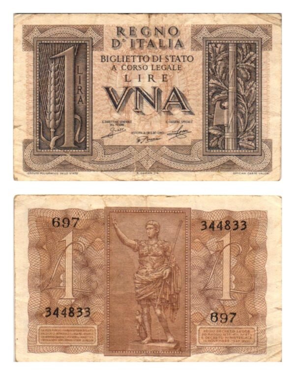 ITALY 1 lira 1939 VF