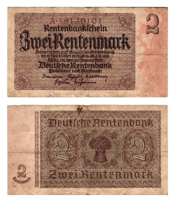 GERMANY 2 rentenmark 1937 / 3rd Reich / VF-