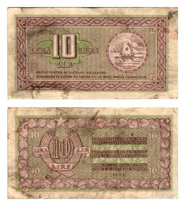 YUGOSLAVIA 10 lira 1945 / Economy Bank for Istra, Rijeka and Slovenian Littoral Region / VF-