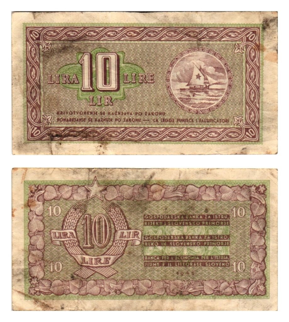 YUGOSLAVIA 10 lira 1945 / Economy Bank for Istra, Rijeka and Slovenian Littoral Region / VF-