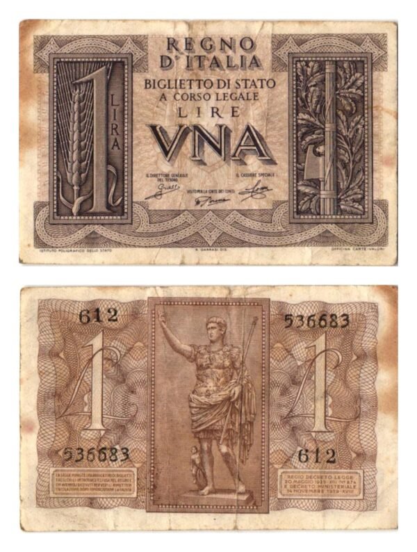 ITALY 1 lira 1939 VF-