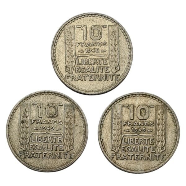 FRANCE 10 francs 1948-49 / 3 pcs. / coins lot