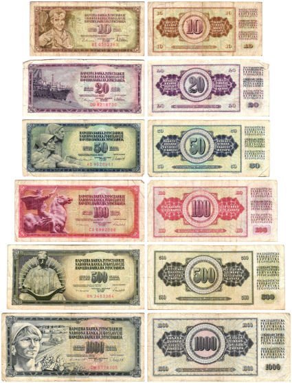 YUGOSLAVIA 10 - 1000 dinara banknotes lot / 6 pcs. / various grades
