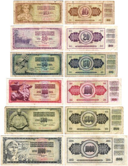 YUGOSLAVIA 10 - 1000 dinara banknotes lot / 6 pcs. / various grades