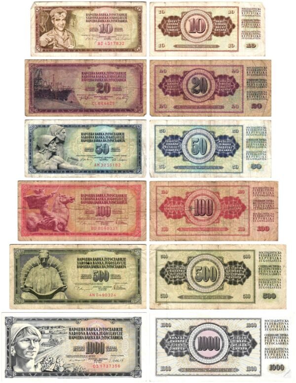 YUGOSLAVIA 10 - 1000 dinara banknotes lot / 6 pcs. / various grades