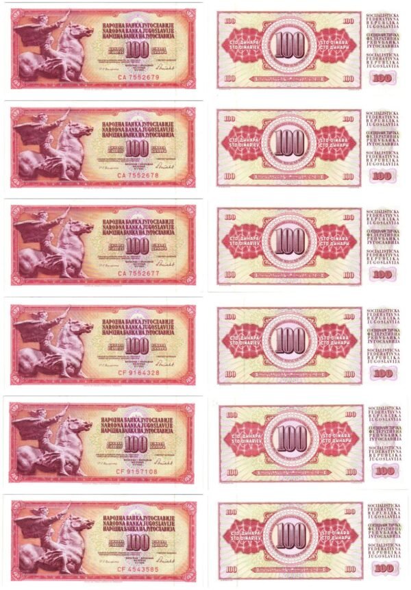 YUGOSLAVIA 100 dinara 1986 / Series CA and CF / banknotes lot / 6 pcs. / UNC