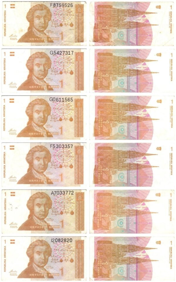 CROATIA 1 hrvatski dinar 1991 banknotes lot / 6 pcs. / various grades