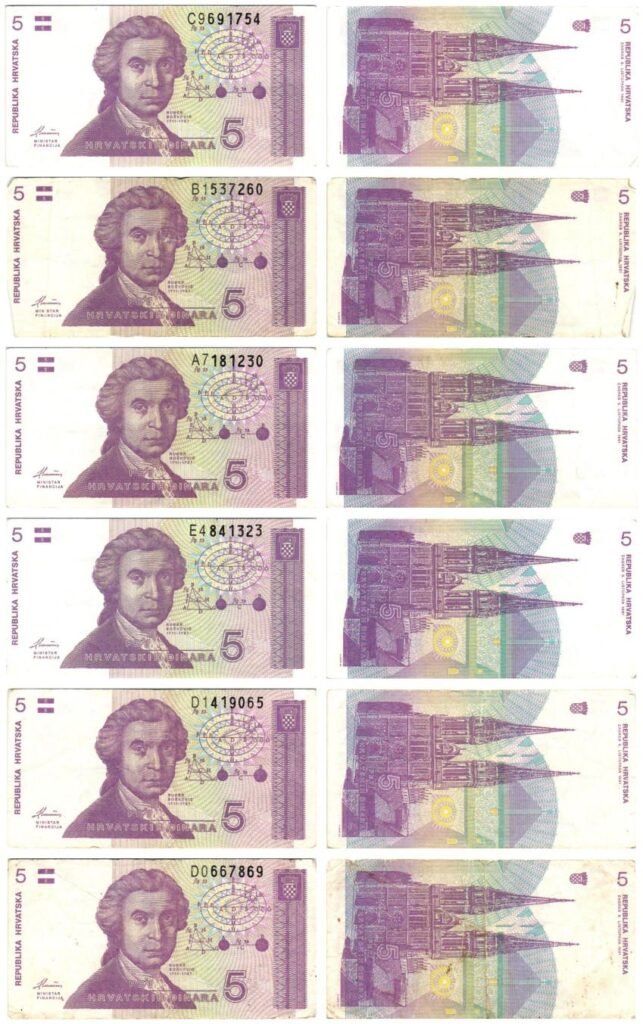 HRVATSKA 5 hrvatskih dinara 1991 novčanice lot / 6 kom. / različita stanja očuvanosti