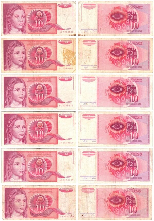 YUGOSLAVIA 10 dinara 1990 banknotes lot / 6 pcs. / various grades
