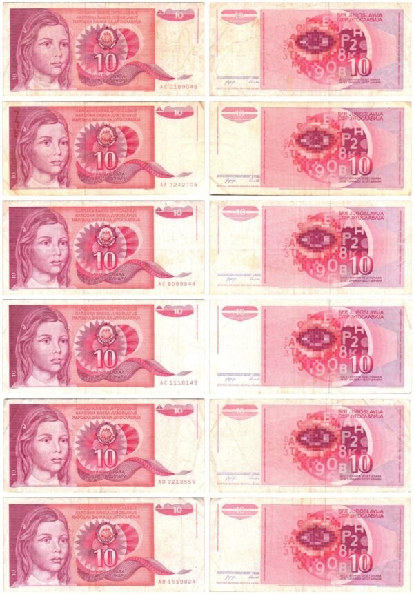 YUGOSLAVIA 10 dinara 1990 banknotes lot / 6 pcs. / various grades