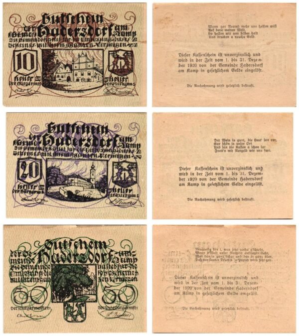 AUSTRIA Hadersdorf am Kamp 1920 local banknotes lot / Notgeld / 3 pcs.