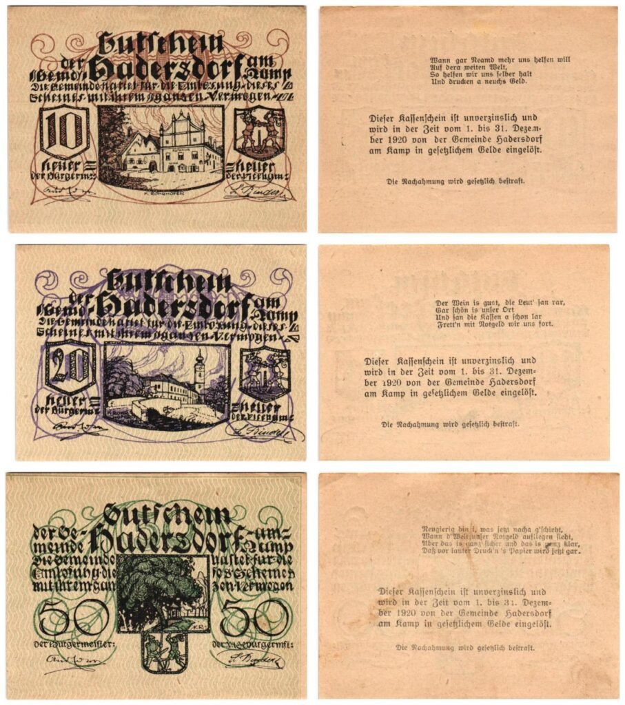 AUSTRIA Hadersdorf am Kamp 1920 local banknotes lot / Notgeld / 3 pcs.