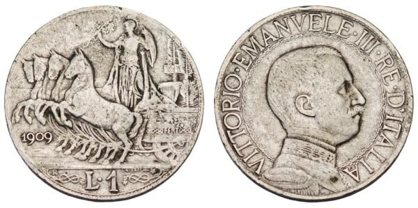 ITALY 1 lira 1909 / Silver / VF-