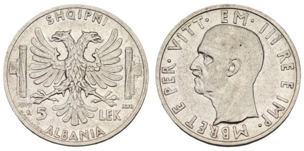 ALBANIA 5 lek 1939 / WWII Italian occupation / Silver / VF+