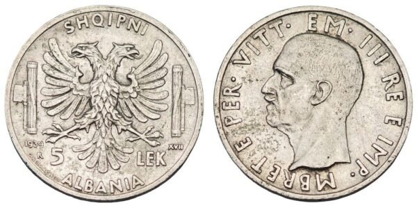 ALBANIA 5 lek 1939 / WWII Italian occupation / Silver / VF