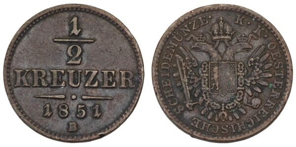 AUSTRIA 1/2 kreuzer 1851B VF