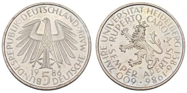 GERMANY 5 mark 1986D / Heidelberg University / UNC-