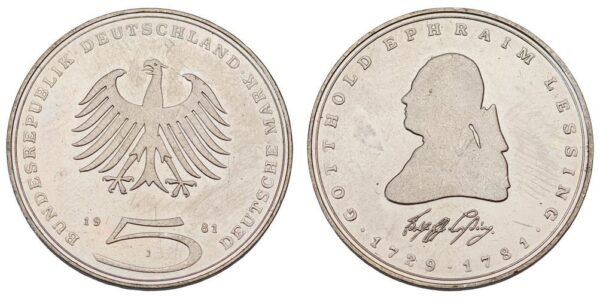 GERMANY 5 mark 1981J / Gotthold Ephraim Lessing / XF+