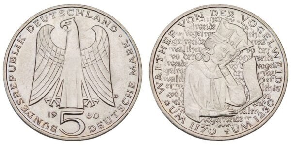 GERMANY 5 mark 1980D / Walther von der Vogelweide / UNC