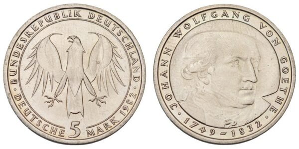 GERMANY 5 mark 1982D / Johann Wolfgang von Goethe / UNC-