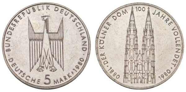 GERMANY 5 mark 1980F / Completion of Cologne Cathedral / XF+