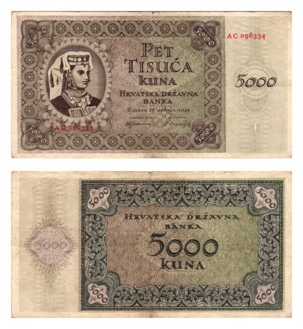 CROATIA 5000 kuna 1943 / 2 letters / WWII Ustasa Germany Italy ally / VF