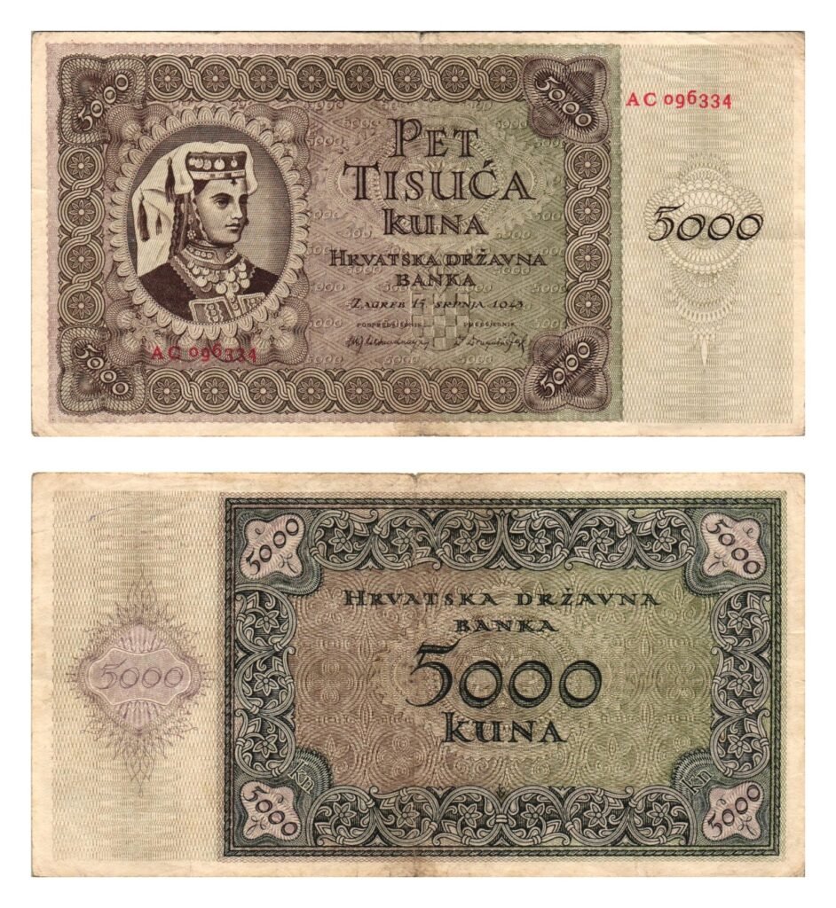 CROATIA 5000 kuna 1943 / 2 letters / WWII Ustasa Germany Italy ally / VF
