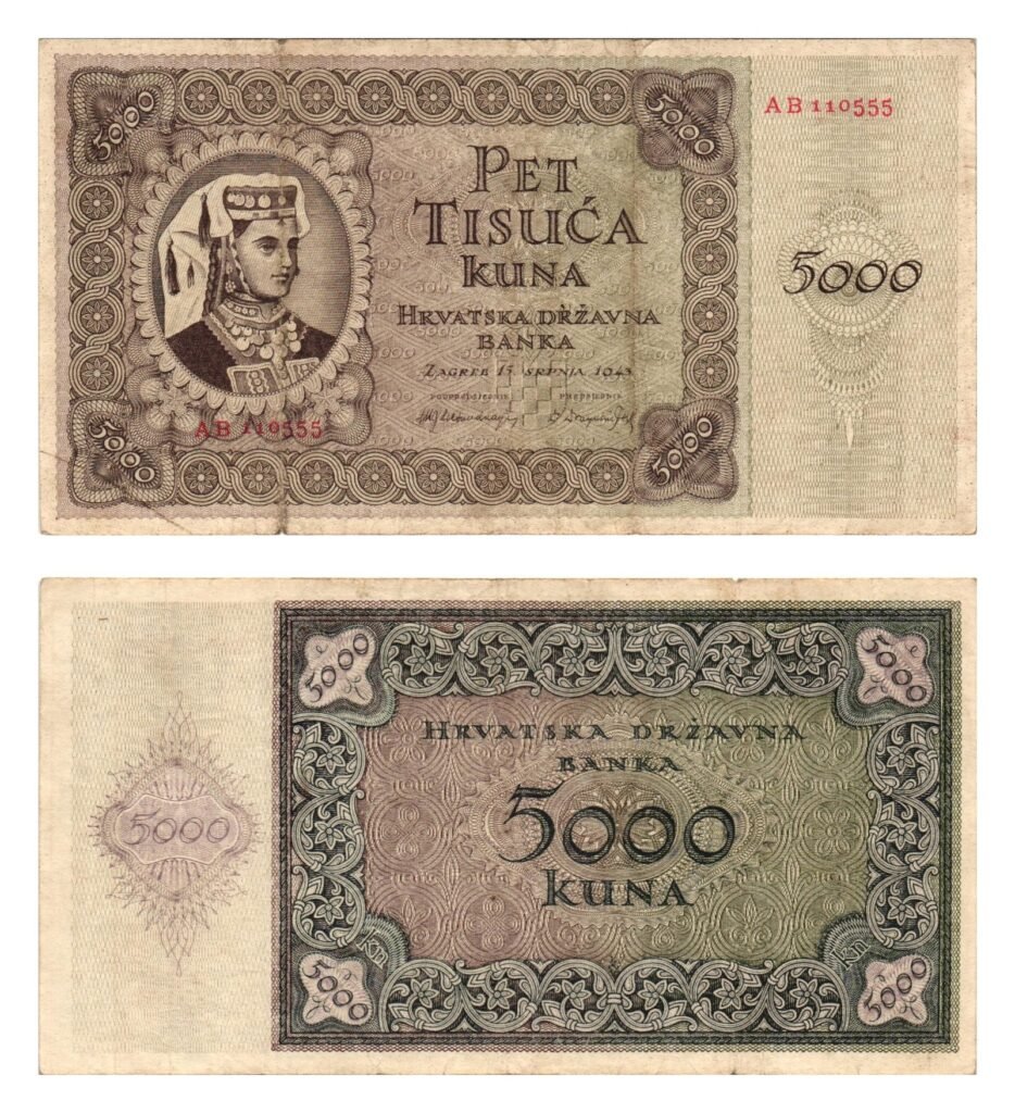 CROATIA 5000 kuna 1943 / 2 letters / WWII Ustasa Germany Italy ally / VF