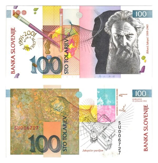 SLOVENIA 100 tolarjev 1992 / Overprint BANKA SLOVENIJE 1991-2001 / UNC